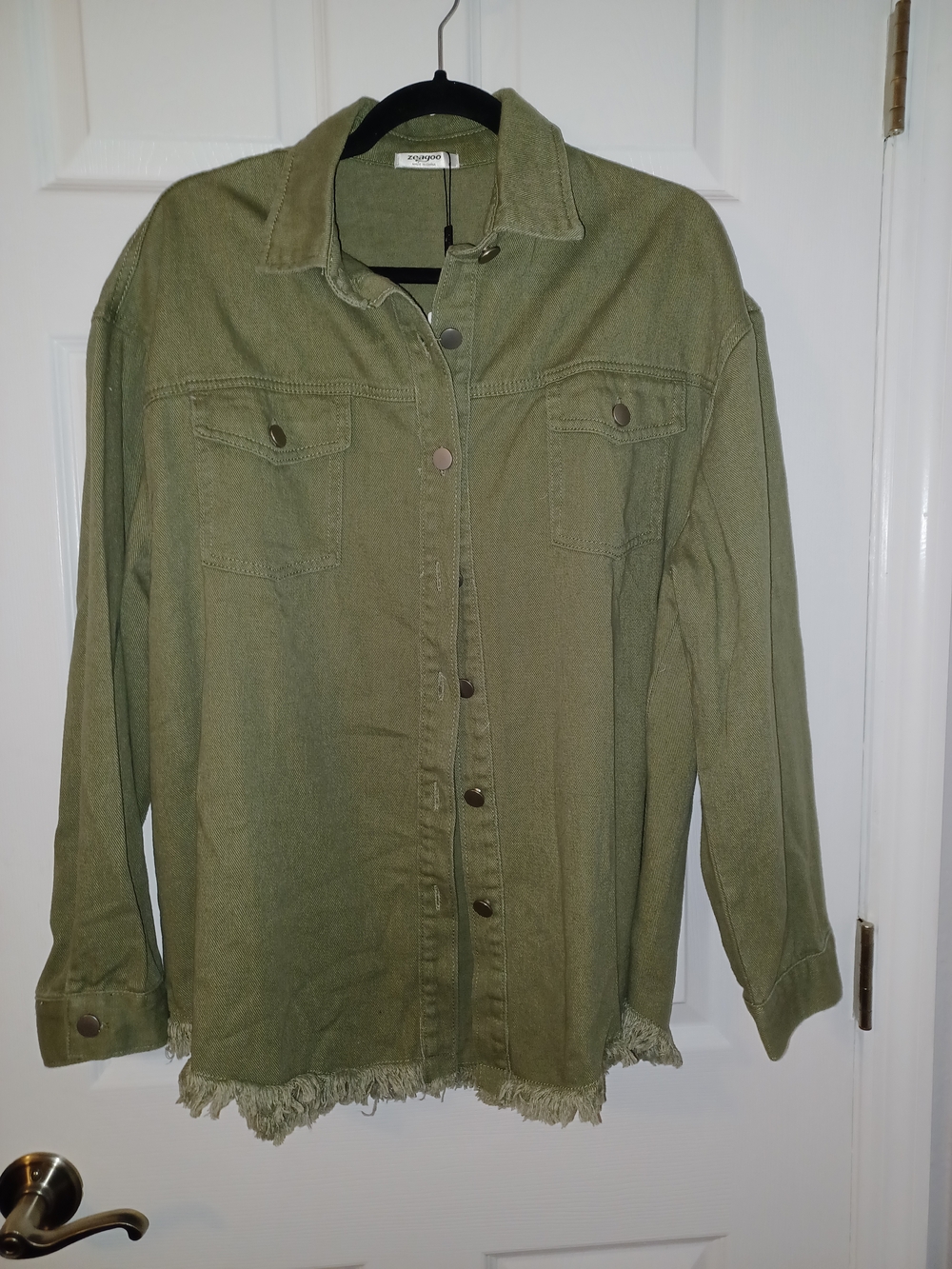 zeagoo Olive Green Frayed-Hem Jean Jacket